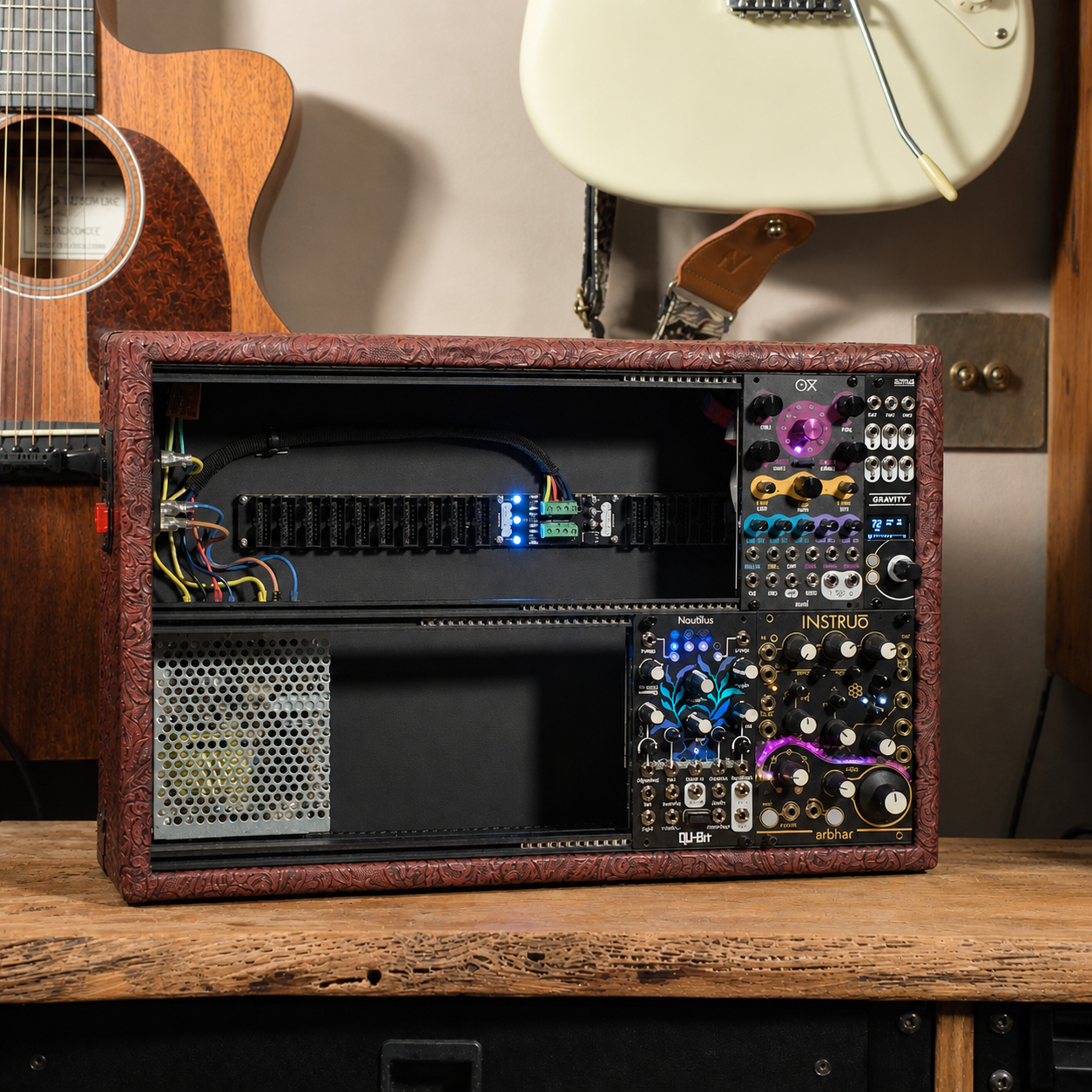 Handcrafted Eurorack case in a workshop setting